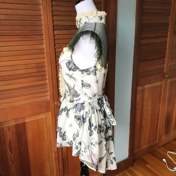 Lip Service Mecanique Menagerie Gothic Victorian Ivory & Green Chiffon Blouse M - Picture 6 of 11